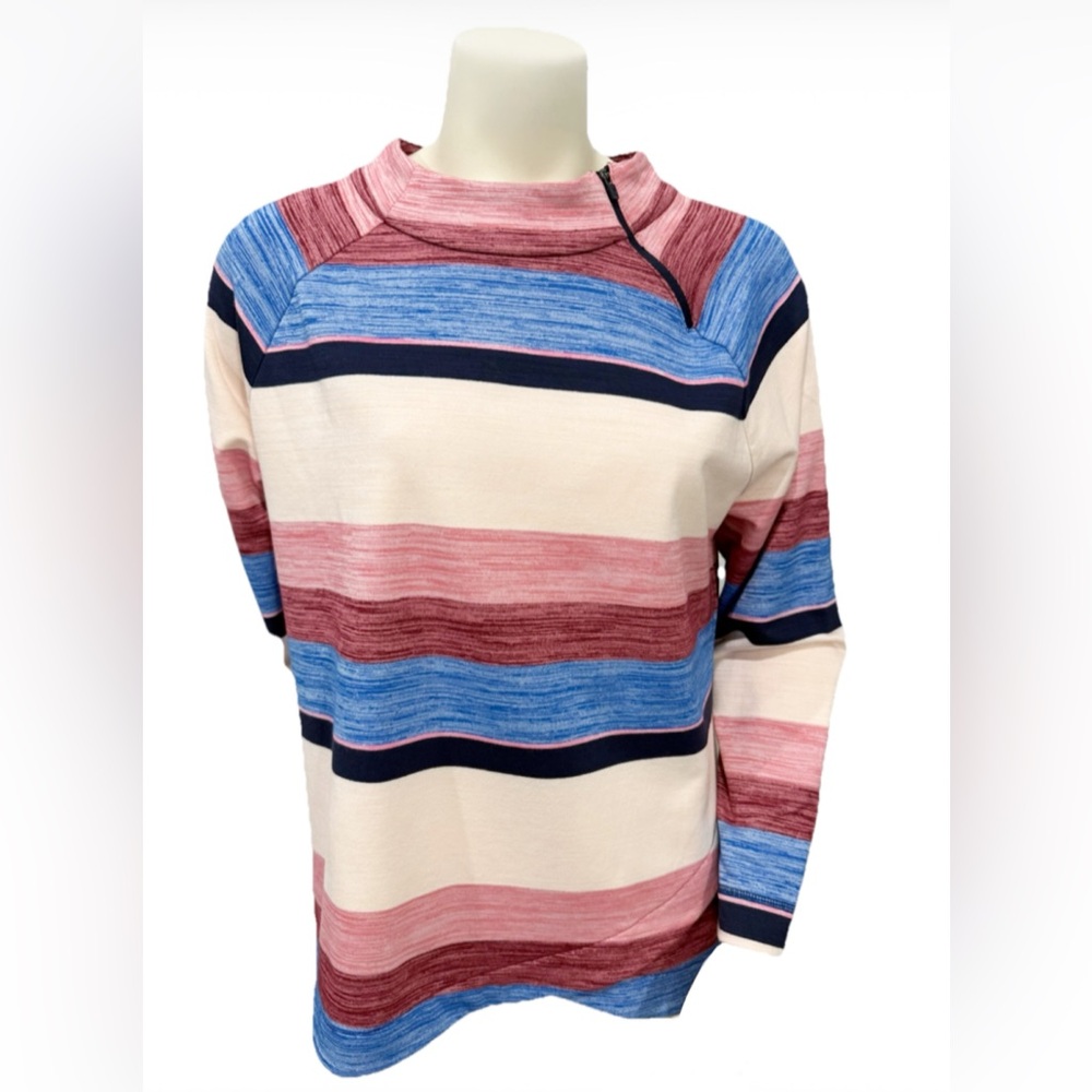 T by Talbots Women’s XL Striped Mock Neck Pullover Top Blue Pink Burgundy Cotton
